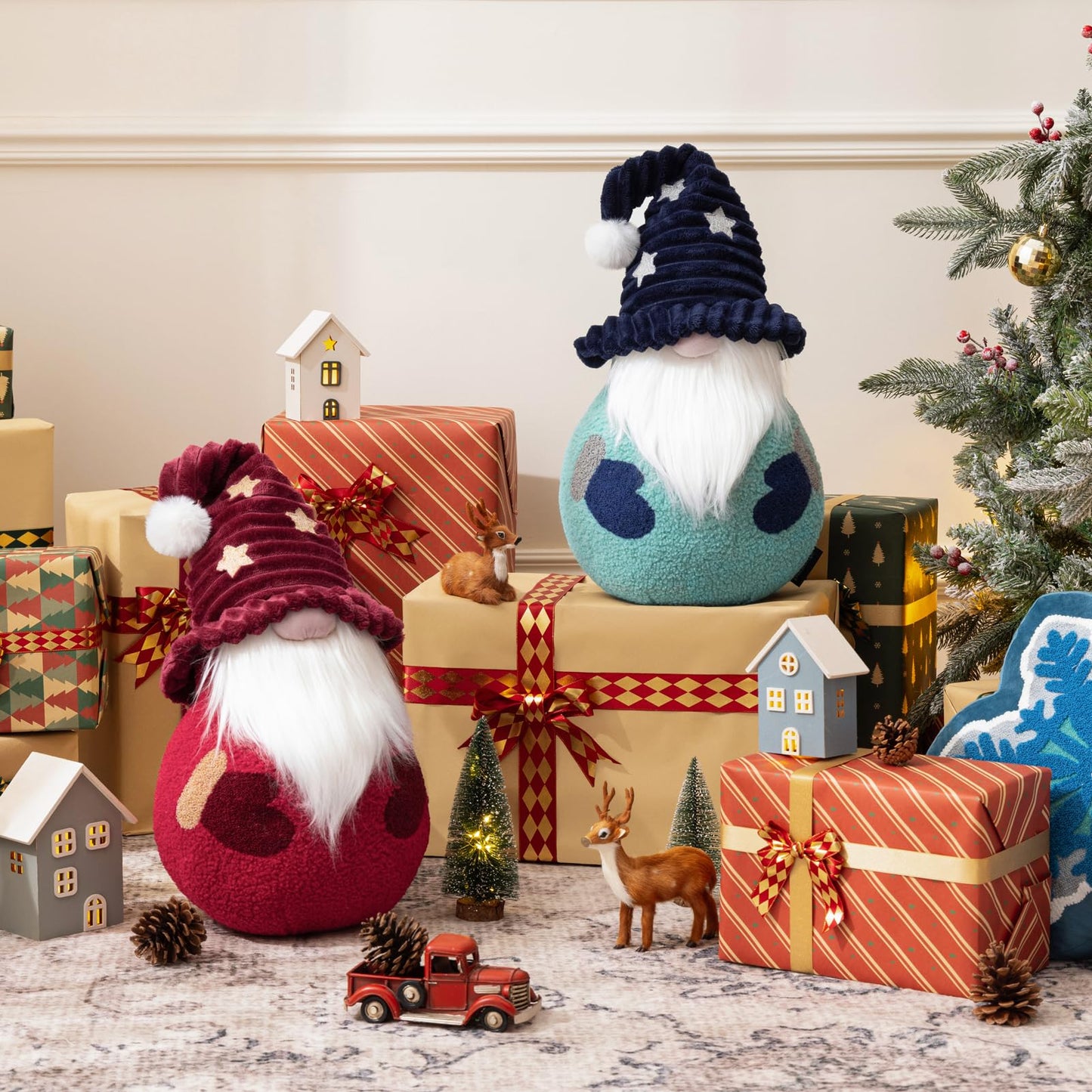 Phantoscope Merry Christmas Throw Pillow, Sherpa Fleece Gnome Santa Claus Shaped Pillow with Corduroy Hat & Pom-pom Plush Xmas Decorative Pillow for Couch, Blue, 10.5x18 inch