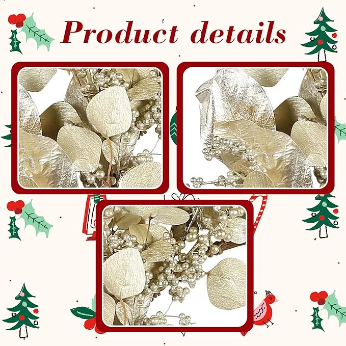 YNYLCHMX 20 Inch Winter Wreath for Front Door, Winter Wreaths with Gold Eucalyptus Leaves and Berries, Artificial Door Xmas Wreaths for Windows Walls Farmhouse Holiday Party Decoration