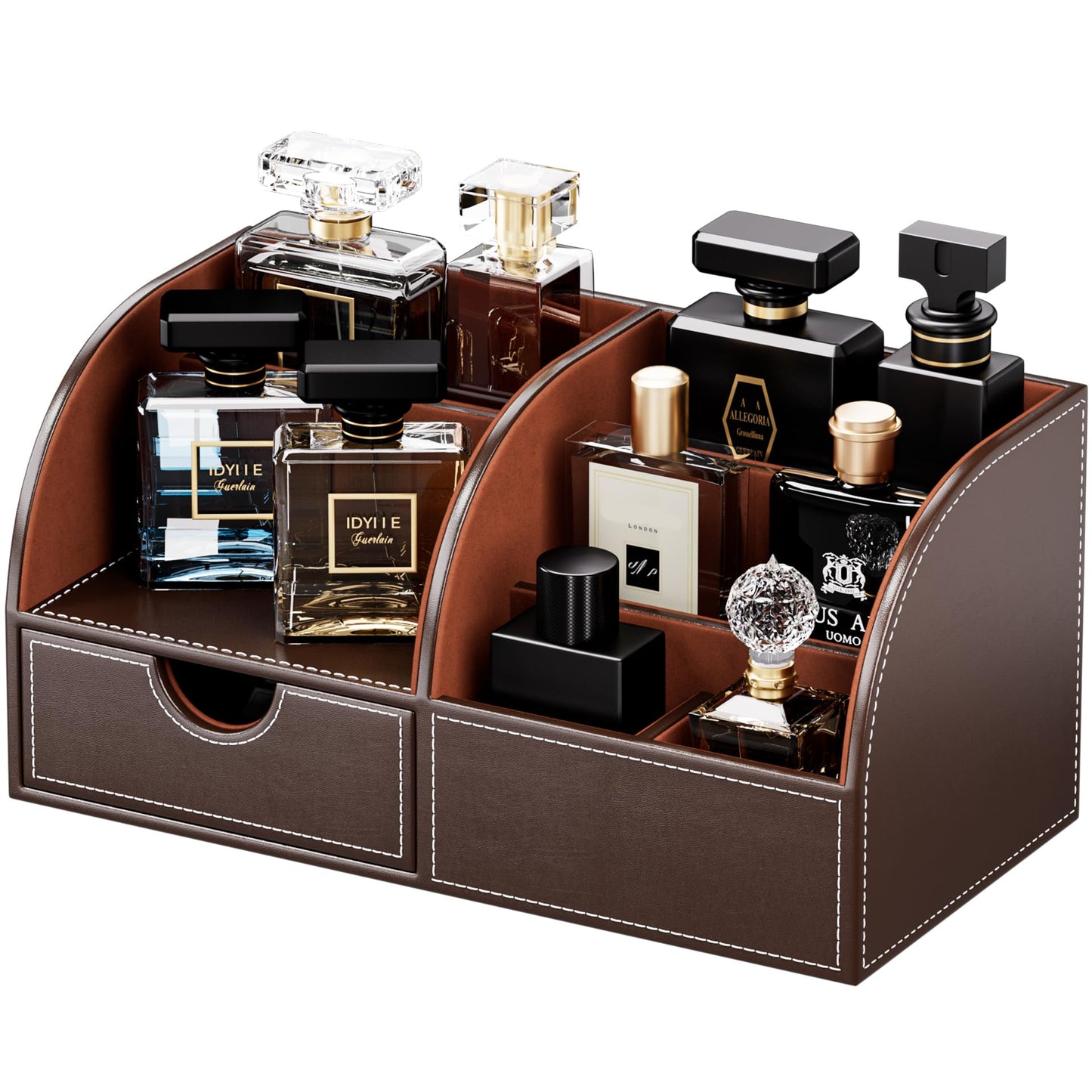 KINGFOM Cologne Organizer for Men, PU Leather Dresser Organizer with Drawer, Countertop Cologne Holder for Watch, Wallet, Keys, Sunglasses, Bathroom Bedroom Nightstand Organizer, Gifts for Men Brown