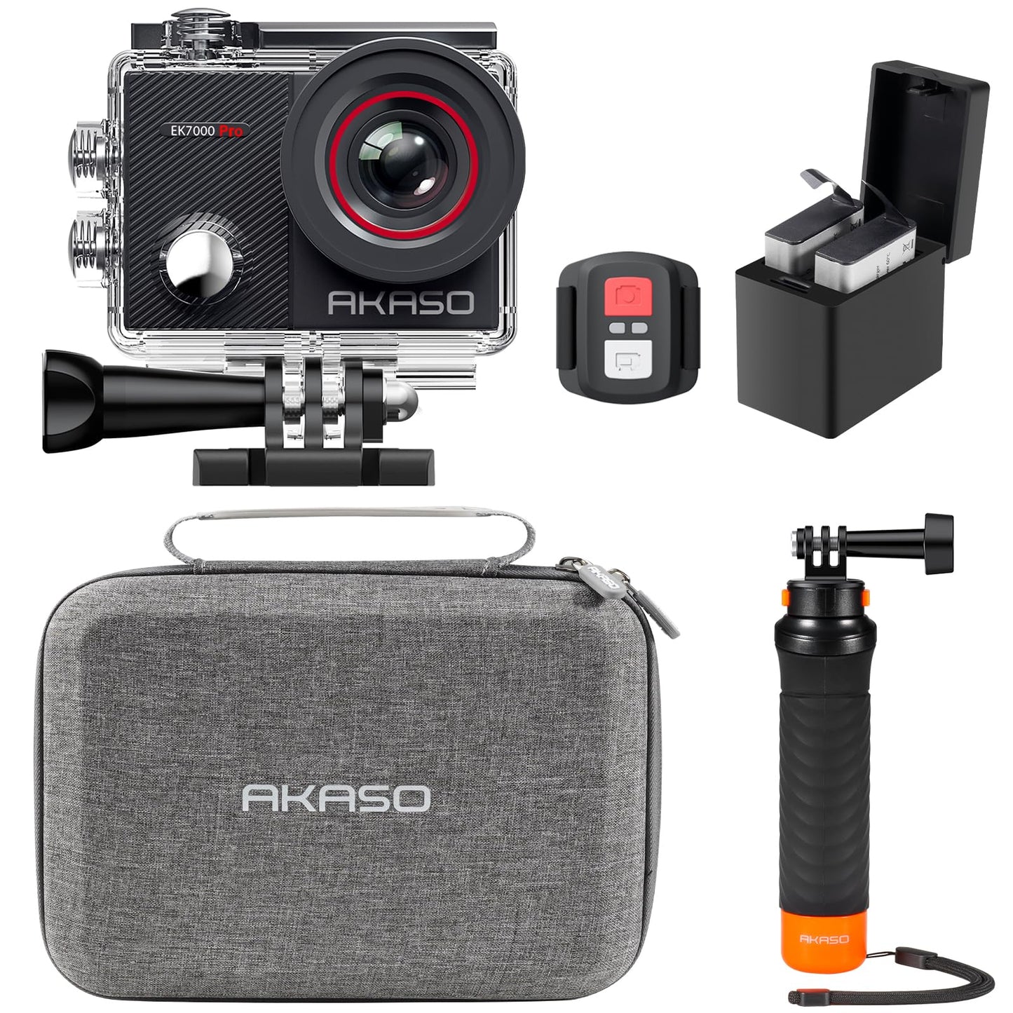 AKASO EK7000 Pro 4K30 Action Camera with Touch Screen EIS 131FT Waterproof Underwater Camera 5X Zoom Remote Control with Waterproof Floating Hand Grip Bundle and Carrying Case Accessories Kit Bundle