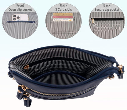 Solene Women's Faux Leather Organizer Multi Zipper Pockets Handbag With Detachable Wristlet Crossbody Bag-WU002(Navy)