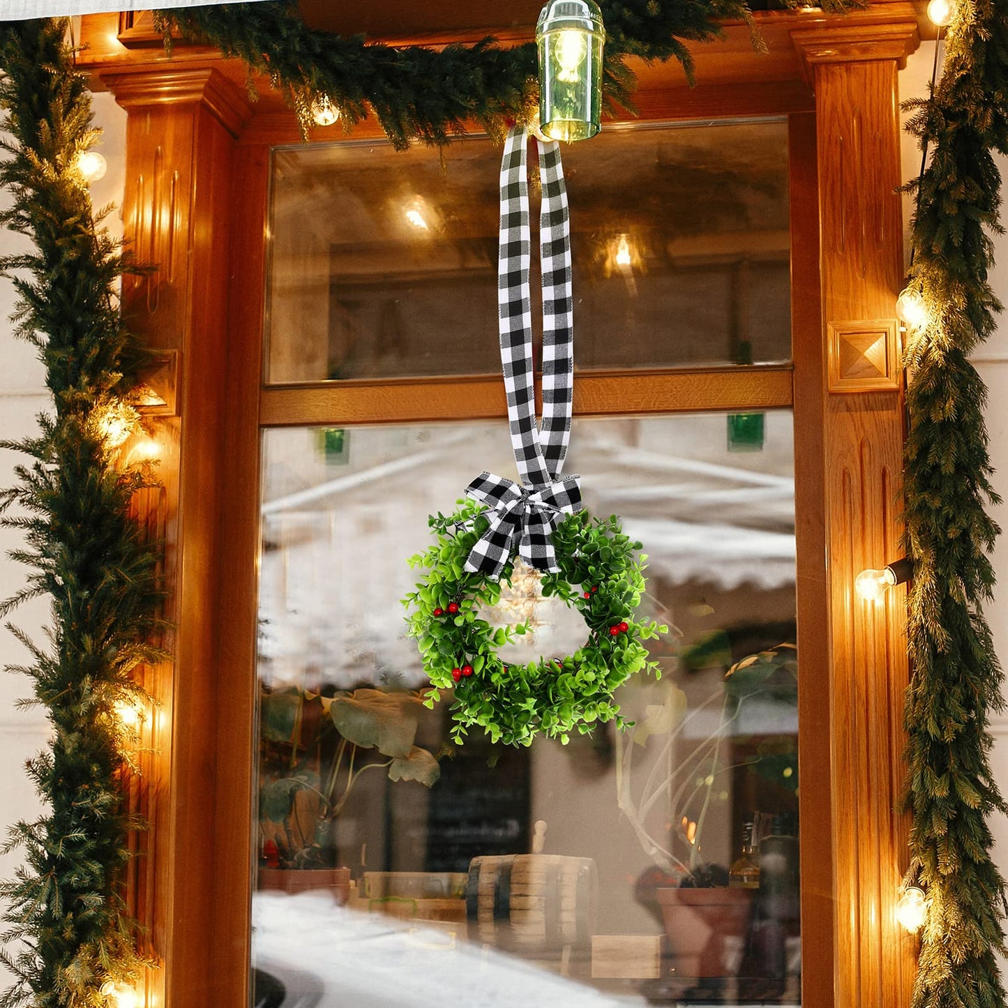 Canlierr 6 Pcs 8 Inch Christmas Kitchen Cabinet Wreaths with 31.5inch Ribbon Small Mini Christmas Wreath for Window Door Chair Wall Xmas Decoration(Plaid)