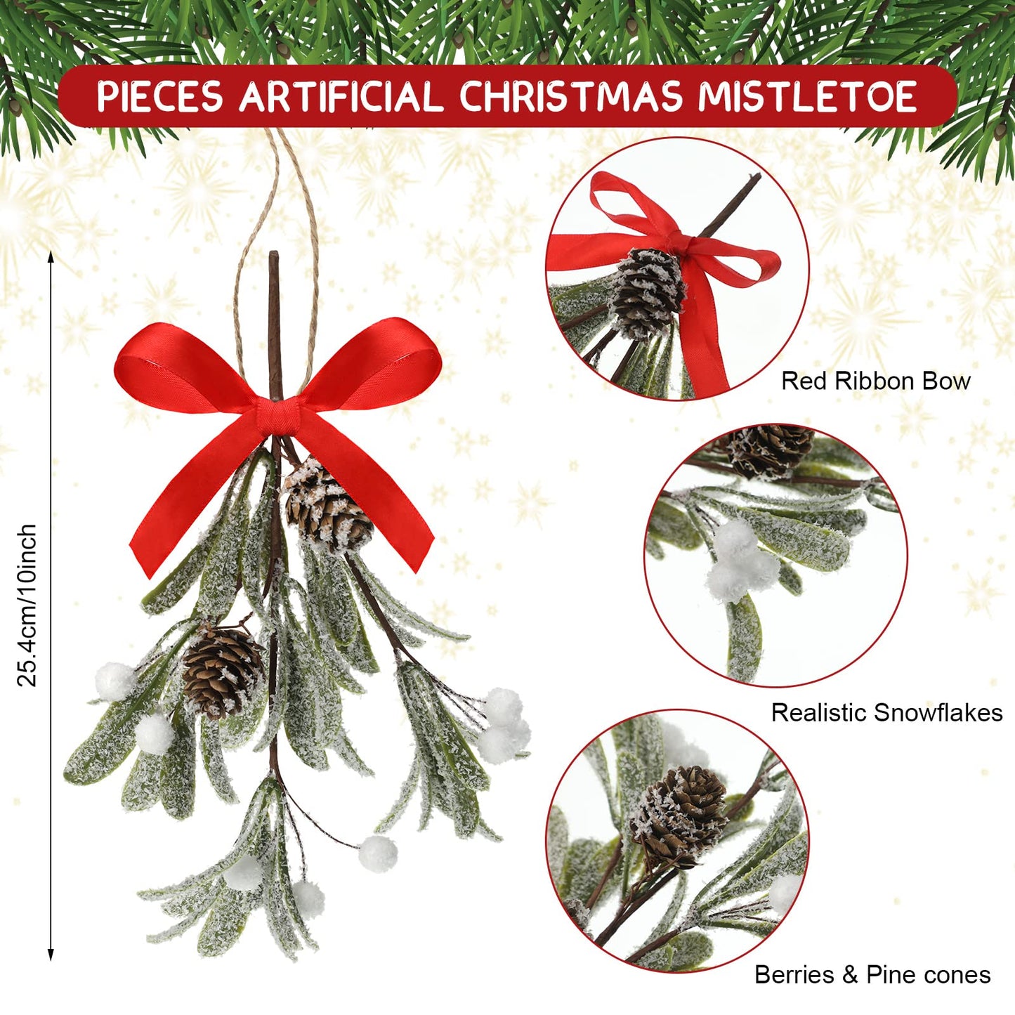 Giegxin 1 Piece Christmas Artificial Mistletoe Ornament with Bow Christmas Hanging Mistletoe Decoration Bouquet Floral Natural Pine Cones Holiday Decor Ornament Bouquet (Classic Style,Red)