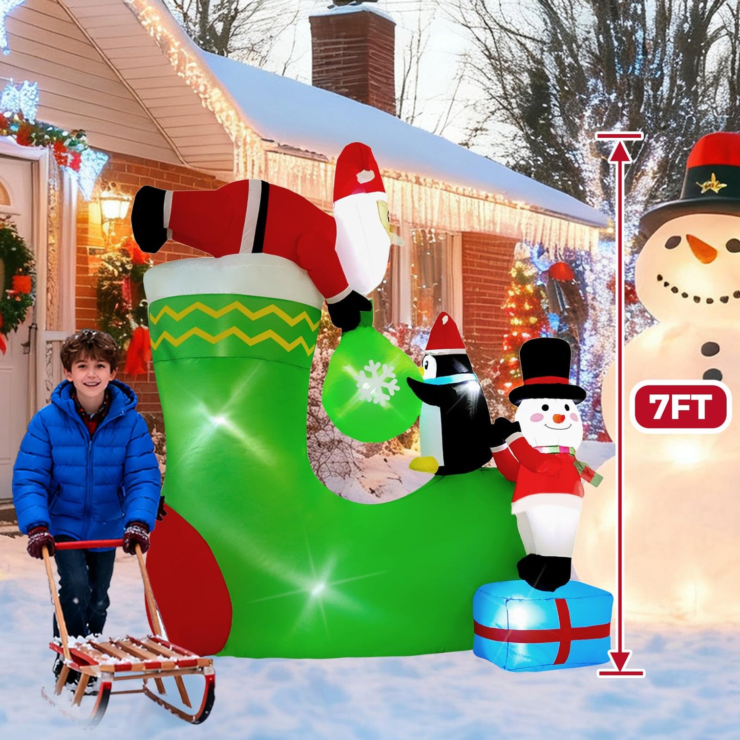 InfleasJoiy 7FT Santa Claus Inflatable Decoration with Built-in LED Lights, Christmas Outdoor Inflatable Decoration for Lawn, Yard, Garden, Patio