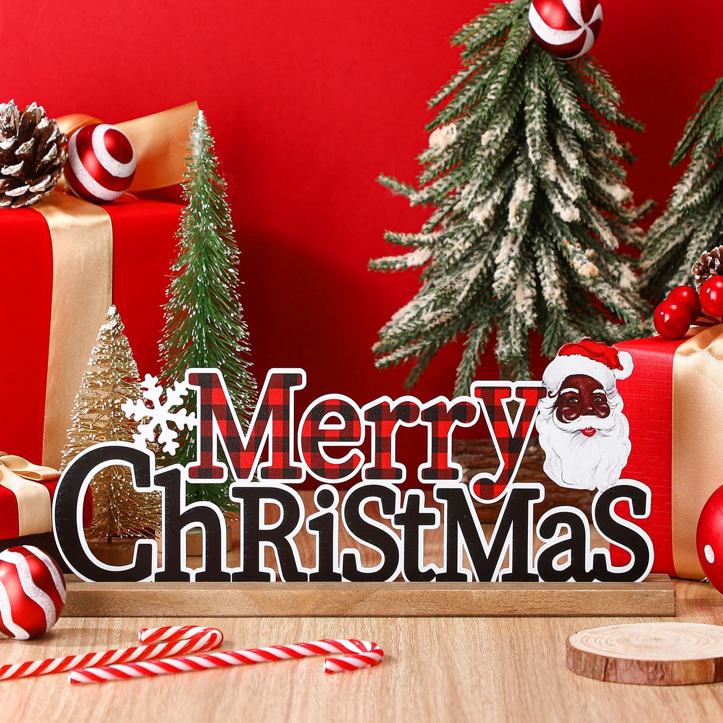 Realspring Merry Christmas Metal Sign African American Table Decor Christmas Black Santa and Red Black Buffalo Plaid Decor with Wooden Base for Tiered Tray Home Tabletop Centerpiece Mantel Fireplace