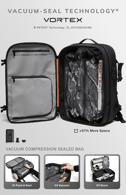 Vortex Vacuum Seal Travel Backpack 60L Exapandable Air Compression System Water Resistant TSA Lock Carry-On Suitcase Luggage Black AERO - Vacuum Pump Included