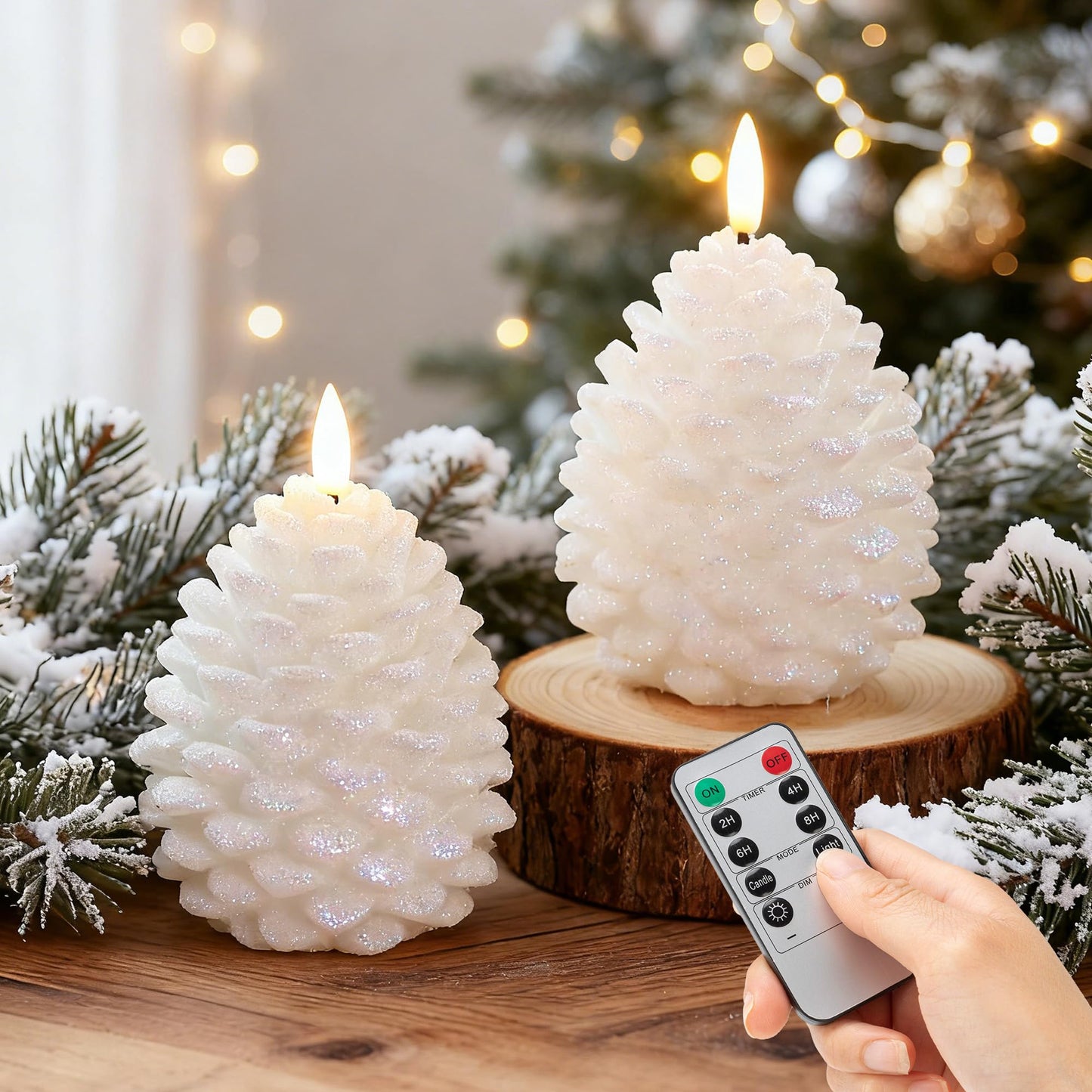 Christmas Flameless Pine Cone Candles with Remote Timer, Battery Operated Flickering Candles, LED Real Wax Pinecone for Christmas Home Decoration, Set of 2, White with Glass Bead Powder (5.5" X 4.1")