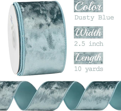 MEEDEE Dusty Blue Velvet Ribbon 2.5 inch Crushed Velvet Christmas Ribbon 10 Yards for Christmas Tree Decoration, Baskets, Wreaths, Holiday Projects, Wedding Decor and Accents