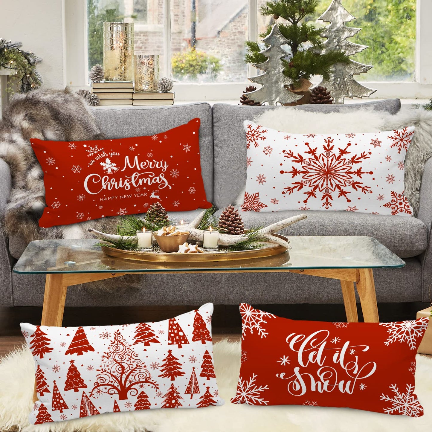 Lanpn Christmas Lumbar Throw Pillow Covers 12x24 Set of 4, Merry Christmas Winter Xmas Snowflake Decorative Holiday Cushion Pillow Cases 12 x 24 for Indoor Farmhouse Home Room Couch Decor (Red)