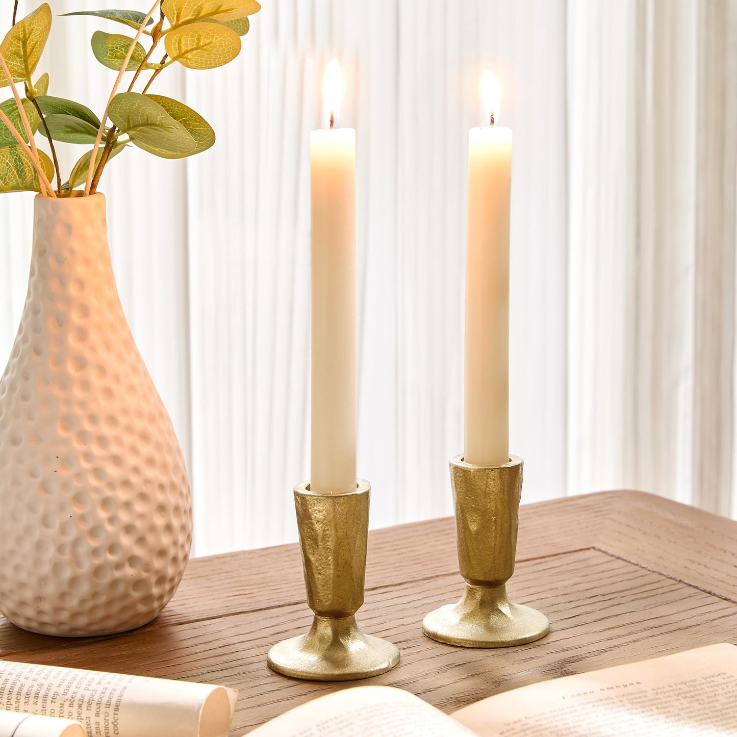 Cast Iron Taper Candle Holder Set of 2, Antique Brass Candlestick Holders Decorative Candle Stand, Tapered Candle Holders Tall Set for Wedding, Holiday, Home Decor, Christmas Decoration (Gold)