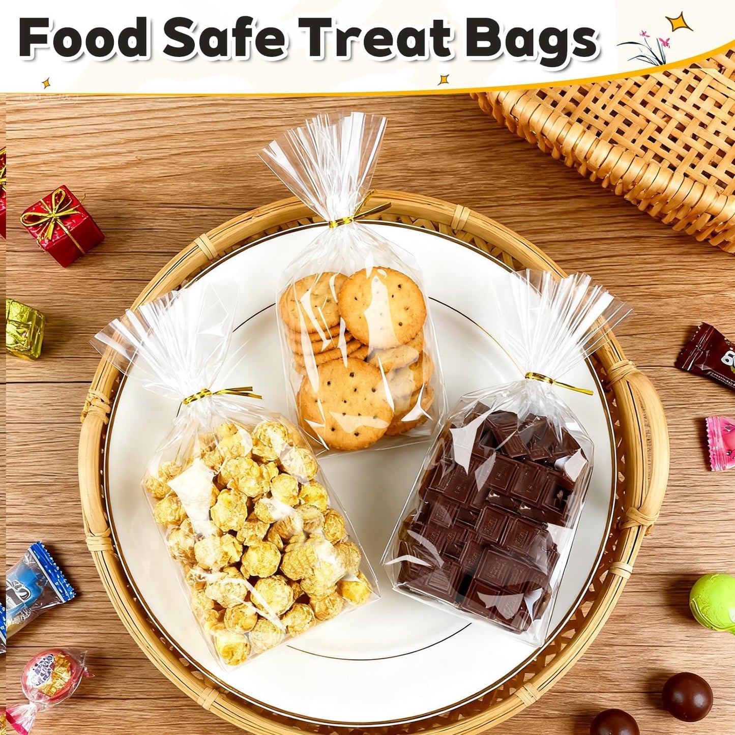 PigPotParty Cellophane Treat Bags 6x9 Inch, 100 Pack Clear Goodie Bags with Bottom Gusset for Stand-Up Display, Small Plastic Gift Wrap for Cookies, Candy, Party Favors, Popcorn, Includes 100 Ties