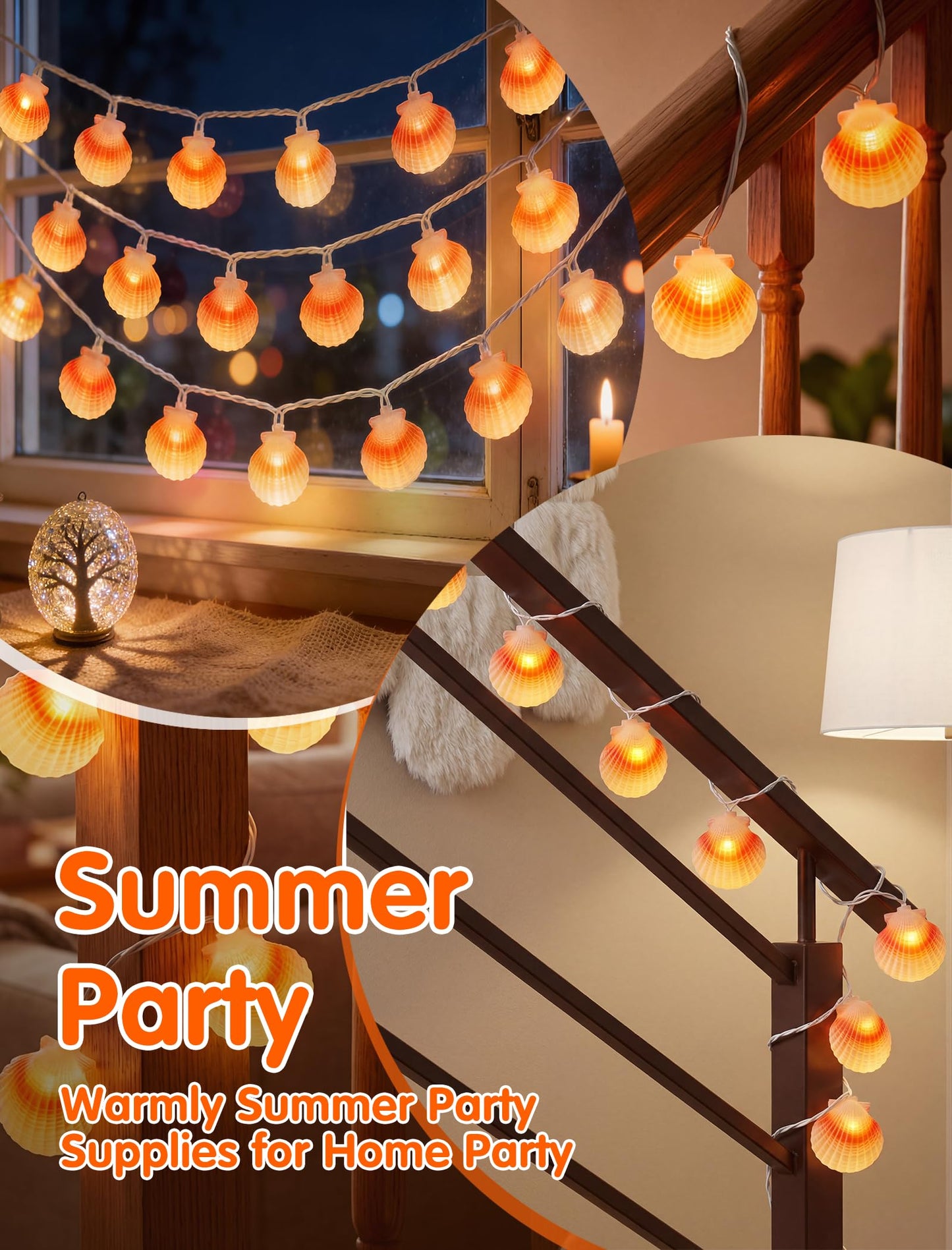 SUNSGNE 8.5FT LED Summer Seashell String Lights, 10 Textured Translucent Shell Beach String Lights with White Wire, Connectable Outdoor Indoor Decor for Summer Beach Theme, Pool Party, Ocean Bathroom