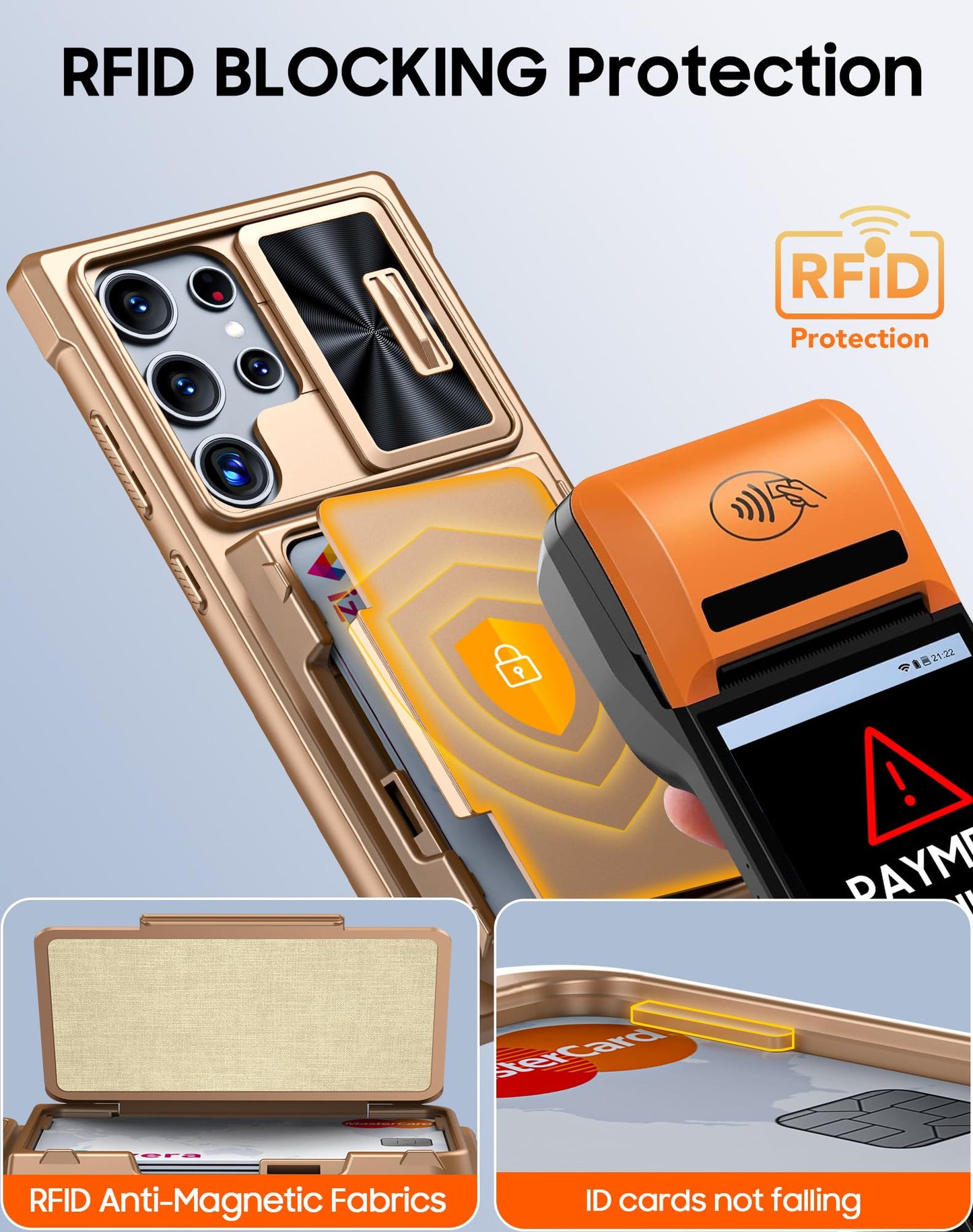 Vizvera for Samsung Galaxy S24 Ultra Case Wallet, RFlD Cards Holder & Camera Cover & Kickstand for Women Men, Full Body Rugged Shockproof Silicone Case for S24 Ultra 6.8" 2024 Only-Champagne Gold