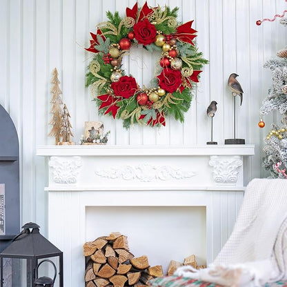 Christmas Wreaths for Front Door–24Inch Outdoor Christmas Door Wreath with Lights,Classic Xmas Wreath with Pinecone,White Berries and Silver Ornaments Design, Holiday Outdoor Wreaths Decor