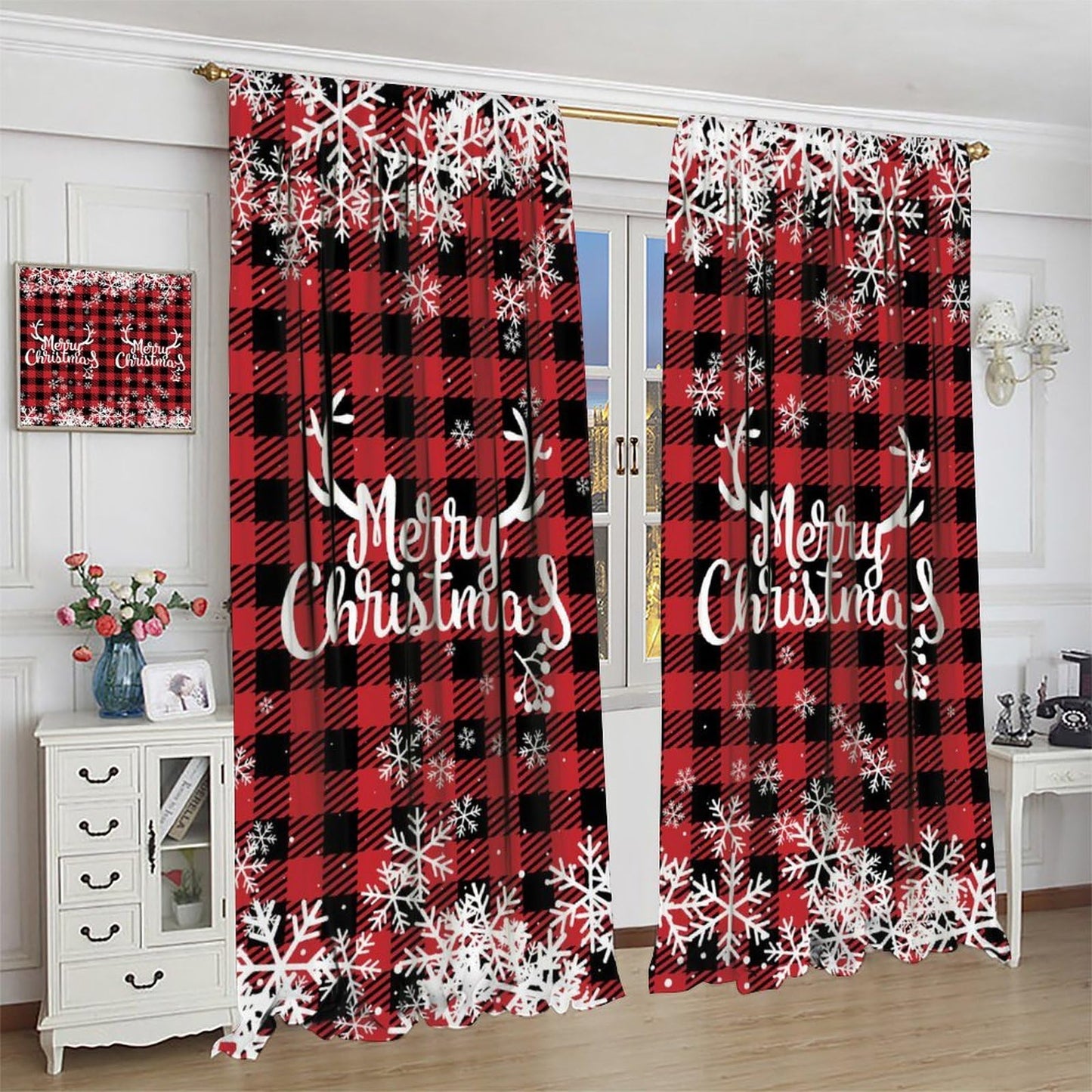 Christmas Curtains, Snowflake Decoration Printed Tartan Fabric, Bedroom Living Room Kitchen Dining Room Decor Curtains Window Treatment 2 Panels Set Total Size 42" W X 45" L Inch