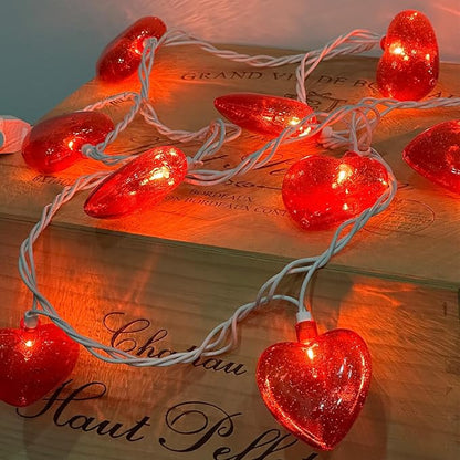 Red Heart Lights, 8.5Ft Valentine's Day Lights with 10 Red Glitter Hearts, Plug-In String for Indoor Party Decor
