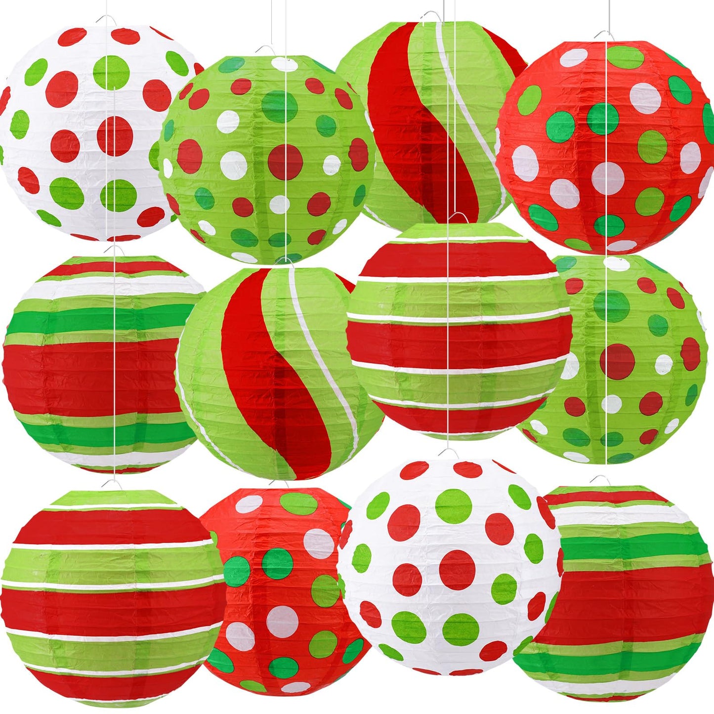 Glooglitter 12 Pcs 10" Red Green Paper Lantern Christmas Party Decorations Hanging Lantern Indoor Outdoor Decorative Christmas Round Ceiling Hanging Decor for Holiday Xmas Party Baby Shower Birthday