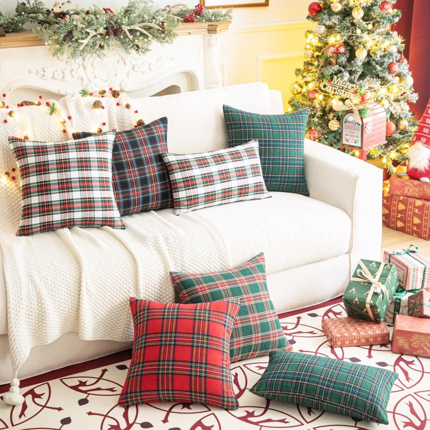 AQOTHES Pack of 2 Christmas Plaid Decorative Throw Pillow Covers Scottish Tartan Cushion Case for Farmhouse Home Holiday Decor Red and White, 18 x 18 Inches