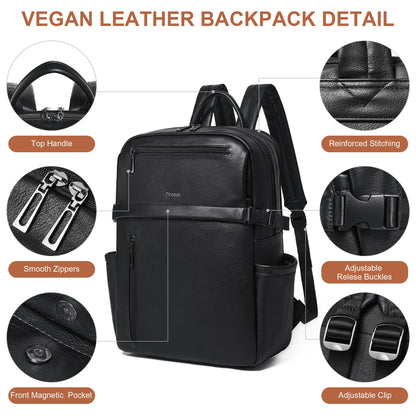 Mroede Leather Laptop Backpack for Women, 15.6 Inch Laptop Travel Backpack Purse Large Capacity Computer Bag, Casual Daypack Nurse Bag College Bookbag for School, Black