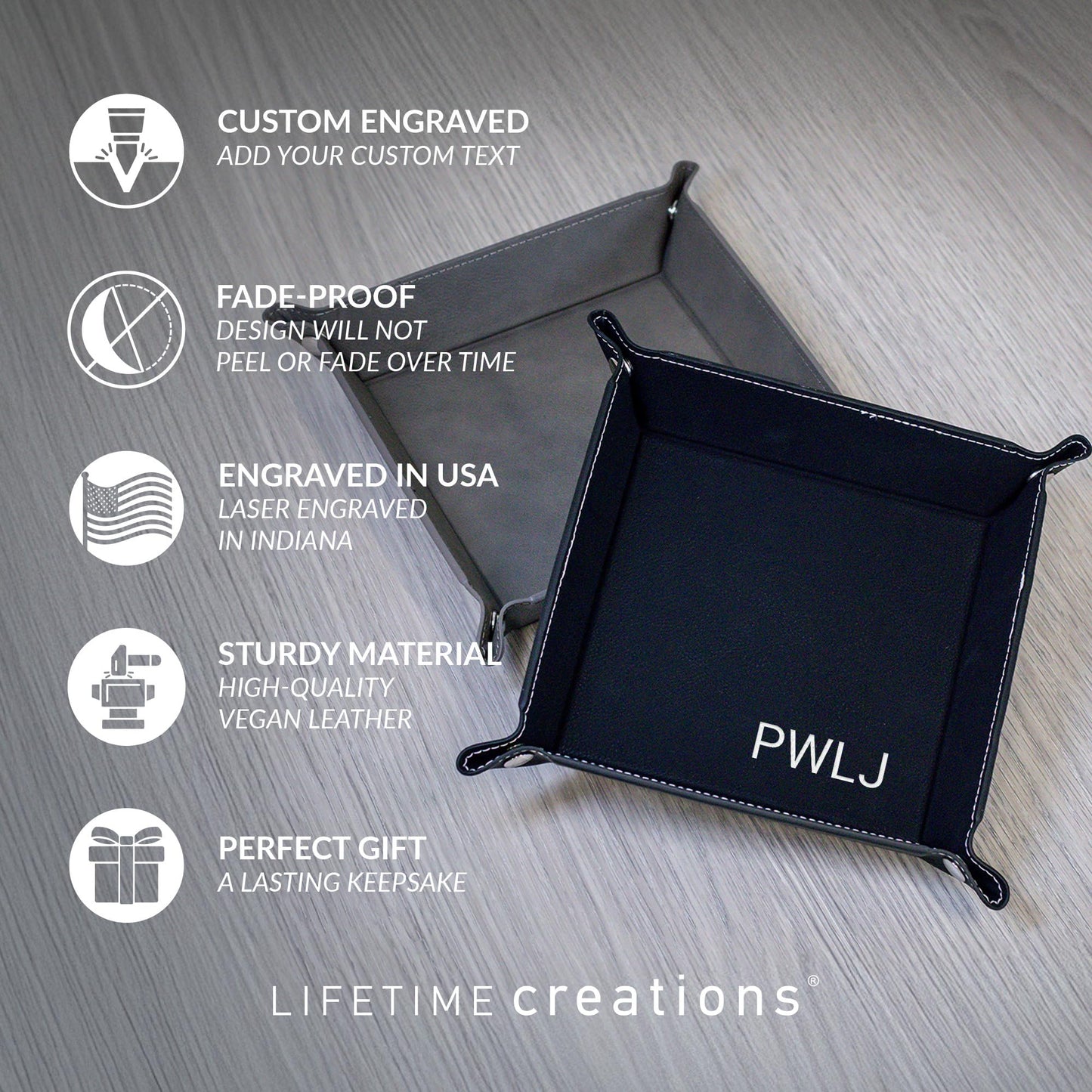 Lifetime Creations Monogrammed Valet Tray for Men (Brown) - Personalized Vegan Leather Catch All, Nightstand Desktop Desk Organizer for Coins, Keys, Watch