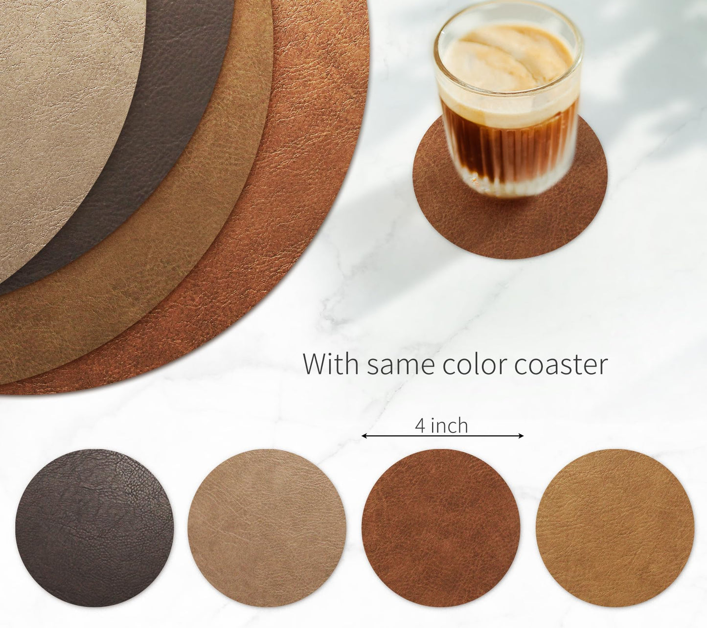 RENMTURE Faux Leather Placemats Set of 4,with 4 Cup mat,Washable, for Kitchen Dining Table,Restaurant,Coffee Shop (Walnut Brown, Round)