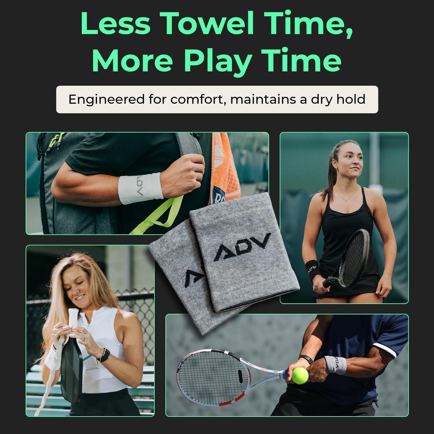 ADV Tennis Wristbands with New Age Polyester Cotton Blend - Ultra Absorbent Wrist Sweatbands - Doublewide & Slim Wrist Bands for Sweat - 4 Pack or 2 Pack (4-Pack Gray, M/L)