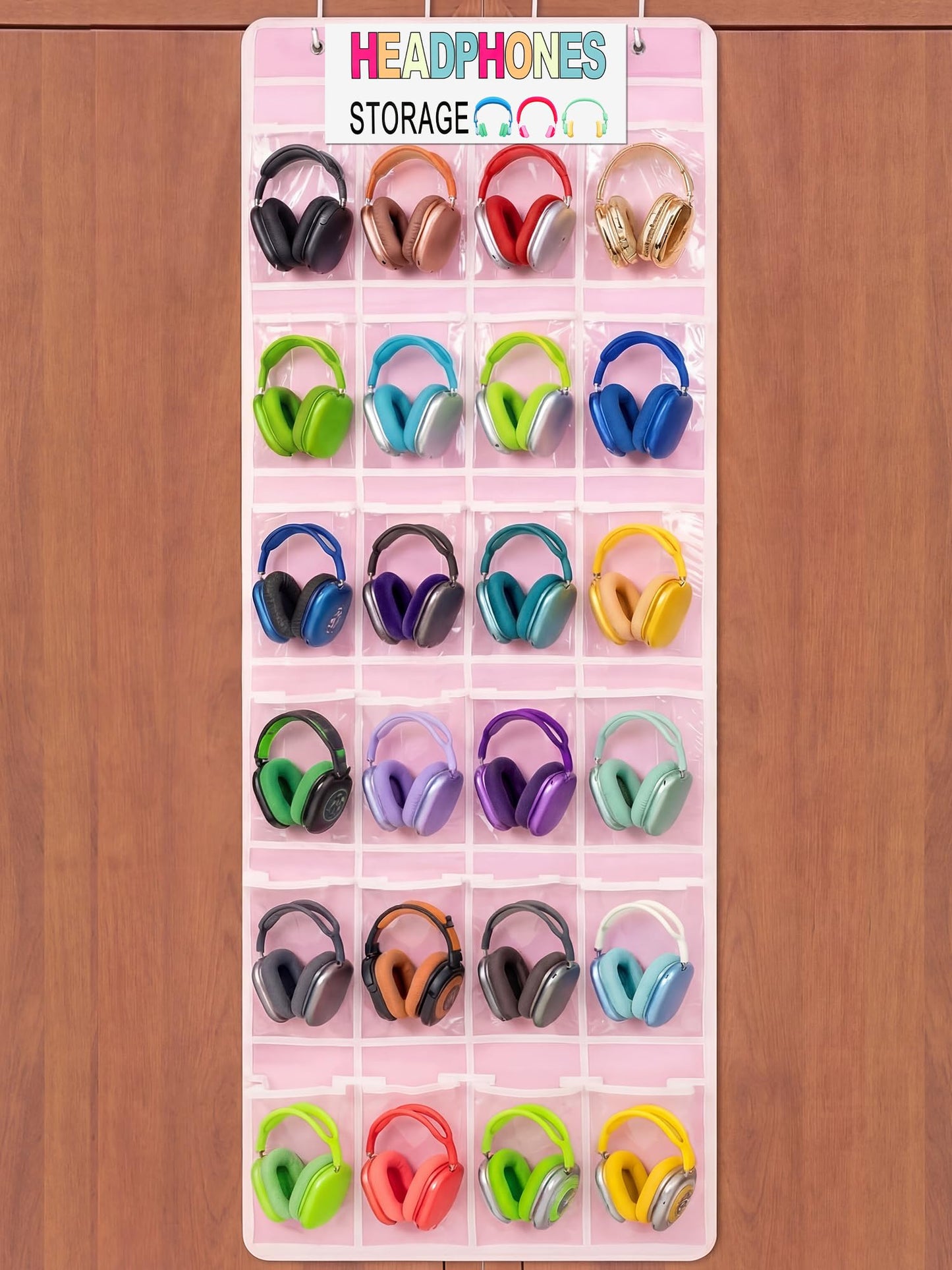 Maasechs Classroom Headphone Storage Organizer 24 PVC Clear Over The Door Hanging Classroom Headphone Holder Pocket with 4 Hooks for School Library(Pink)