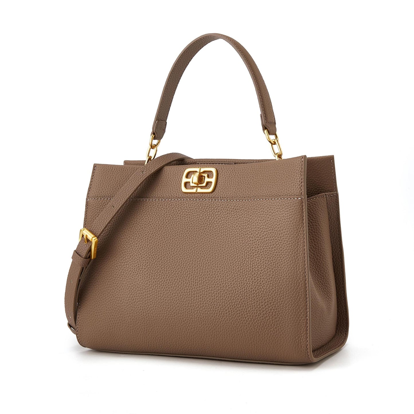 ELLE Women's Structured Full Grain Leather Top Handle Bag with Detachable Strap