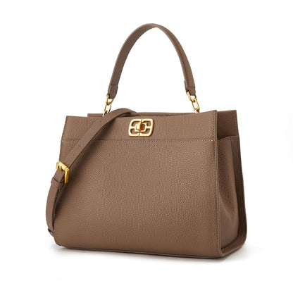 ELLE Women's Structured Full Grain Leather Top Handle Bag with Detachable Strap