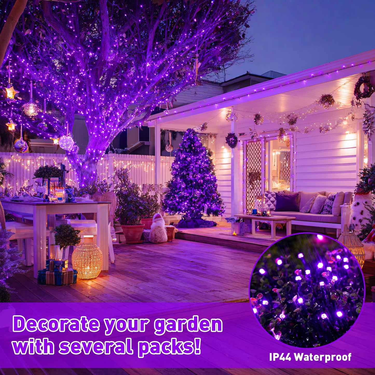 JMEXSUSS Purple Christmas Lights Battery Operated, 2 Pack 100 LED Outdoor Purple String Lights Waterproof, Each 33 FT Christmas Tree Light Indoor for Halloween Decorations Party Porch Garden Decor