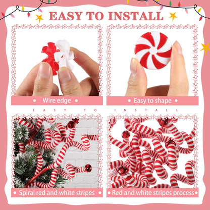 Yunlly 52 Pcs Christmas Candy Canes Ornament Gift Woolen Bells Curly Pick Fake Candy Hanging Ornament with Crystal Wire Christmas Tree Picks for Xmas Home Tree Decor