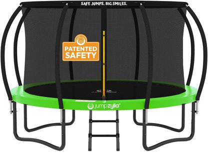 JUMPZYLLA Trampoline Outdoor 8FT 10FT 12FT 14FT 15FT 16FT with Enclosure and Ladder, ASTM Approved Recreational Trampoline for Kids and Adults, Anti-Rust Coated Frame (Green, 8FT)
