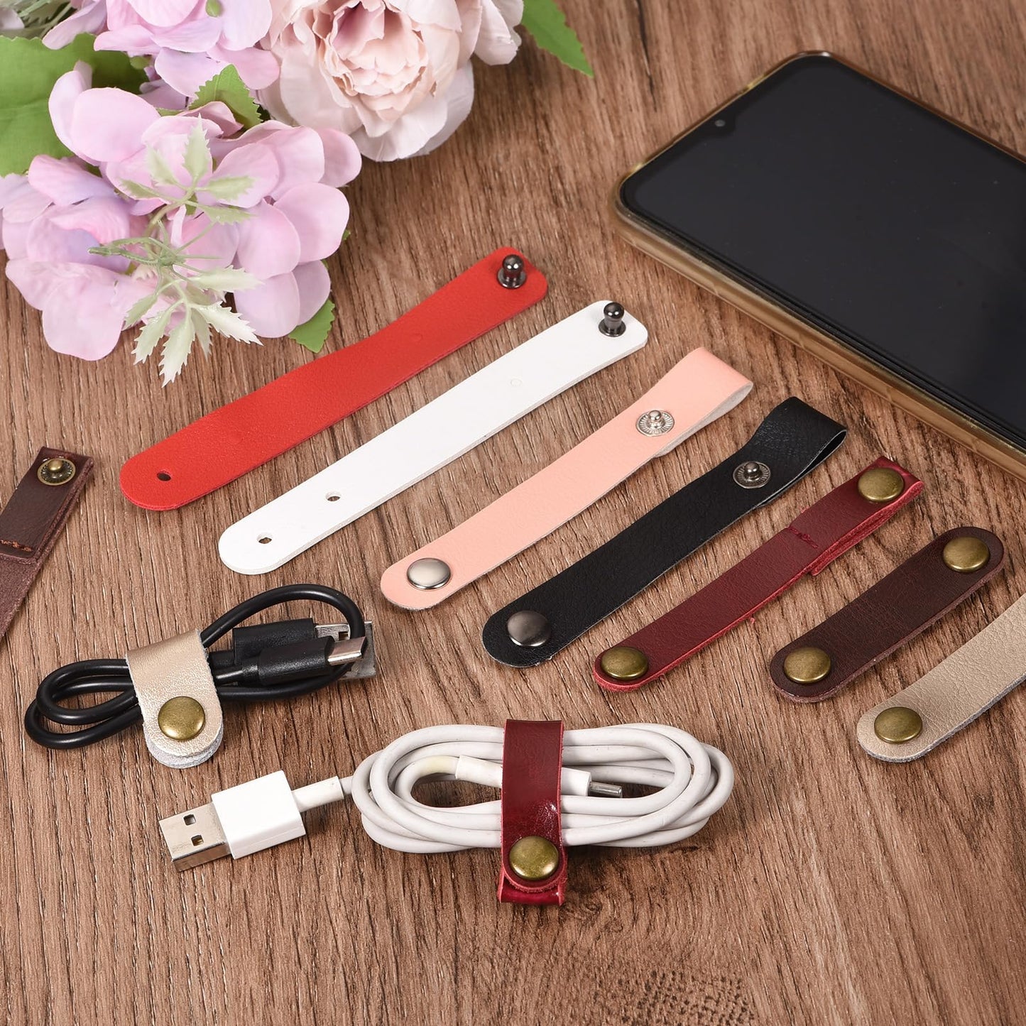 MECCANIXITY 20 Pcs Leather Cable Straps Cord Organizer 63x16mm Ties Soft Cord Holder Winder Keeper Cable Management for USB Cable, Headphone Wire, Earphone