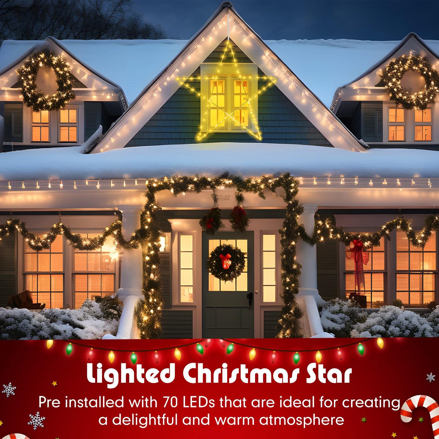 Retisee 32 Inch Large Lighted Christmas Star Warm White LED Xmas Outdoor Light up Star Motif for the Top Wall Hanging Christmas Home Indoor Outdoor Patio Porch Party Holiday Decor