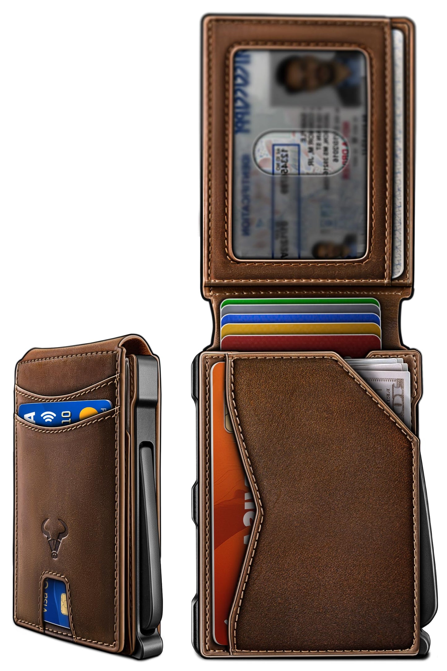 BULLIANT Men Full Grain Leather Wallet, Metal Wallet Money Clip Magnetic Flip 13 Cards Pop-up Access Simplifed Bill Folder