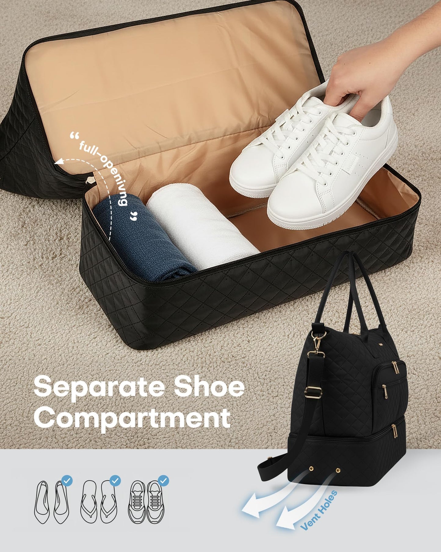 HOTOR Travel Duffle Bag for Women - Carry on Bag with Toiletry Pouch & Shoe Compartment, Large Overnight Weekender Bags for Gym, Business Trips, Sports and Hospital, Black, 17.3" x 7.9" x 13.4"