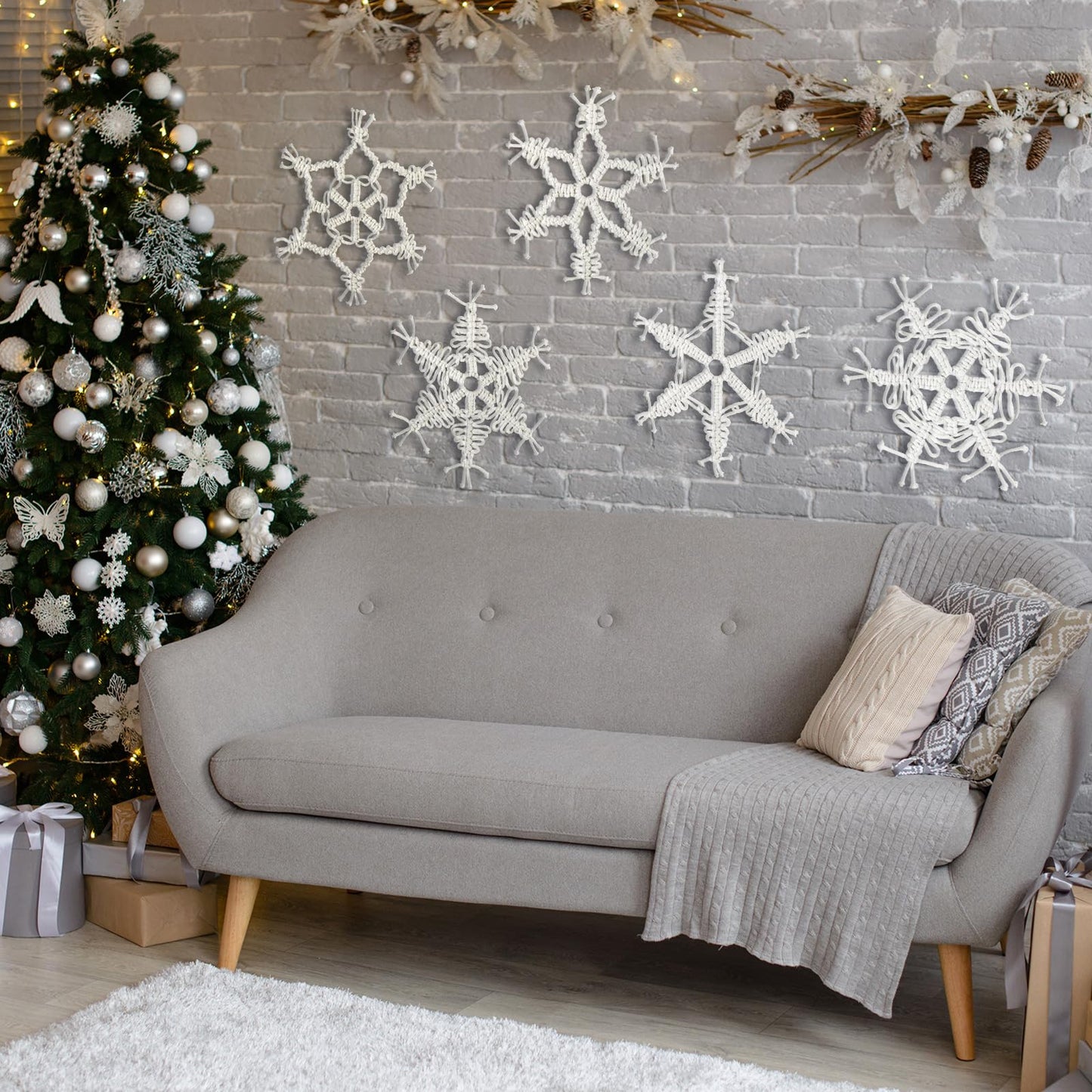 RattanView 5 Pcs Large Winter Macrame Snowflake Wall Decor - 11.8 Inch White Handmade Woven Wall Art Hanging Ornaments for Home Window Winter Party Decorations
