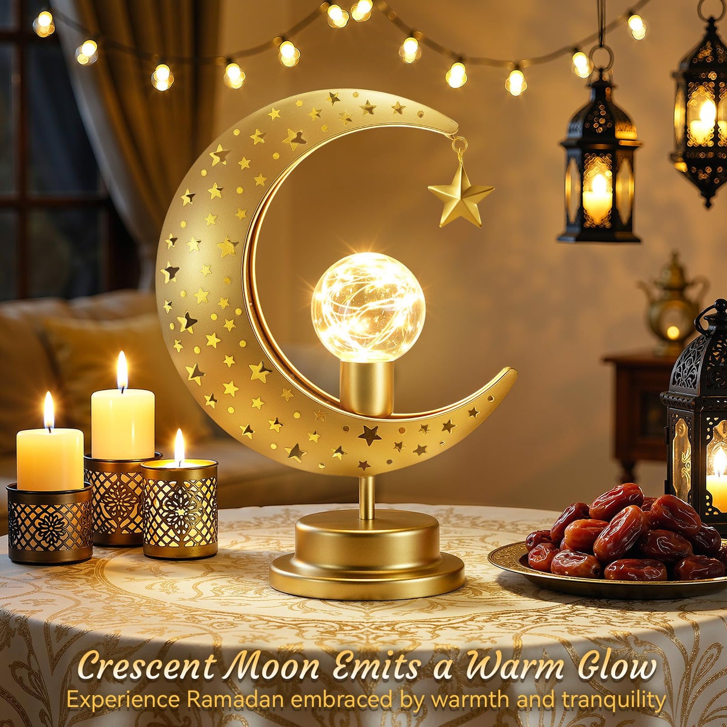 Lewondr Ramadan Moon Lamp, Crescent Moon with Star Table Lamp, Battery Powered Ramadan Desk Lamp Decorations Crescent Table Light Bedside Night Stand Desktop Living Room Home Decor, Eid Mubarak Decor