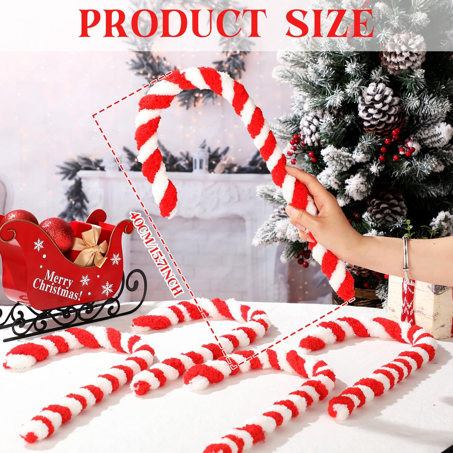 Leinuosen 8 Pcs 16'' Christmas Giant Candy Cane Ornaments Large Red and White Woolen Candy Cane Tree Decor Peppermint Stick Christmas Hanging Decorations for Xmas Holiday Party Supplies DIY Crafts