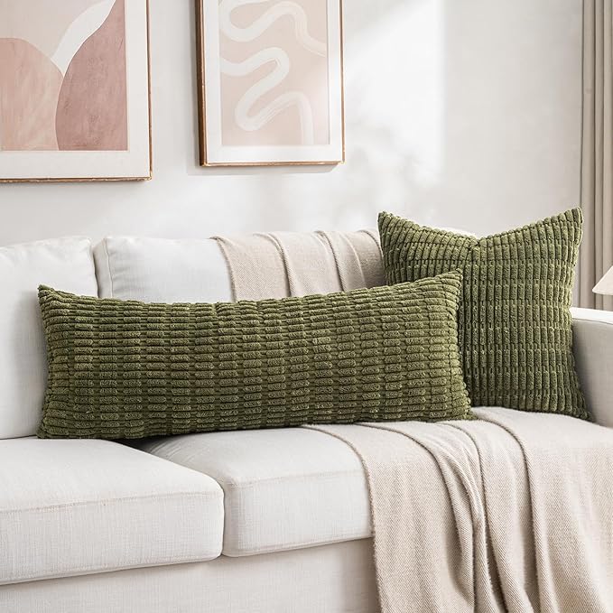 Fancy Homi 1 Pack Moss Green Long Lumbar Body Decorative Throw Pillow Covers 20x54 Inch for Bed Couch Bedroom Bench, Soft Corduroy Rectangle Solid Pillow Case 50x137 cm, Rustic Farmhouse Boho Decor