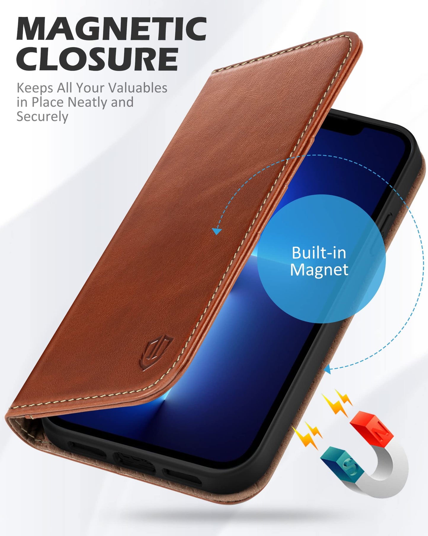 SHIELDON Case for iPhone 13 Pro 5G, Genuine Leather Folio Wallet Magnetic Shock Absorbing Case RFID Blocking Credit Card Holder Kickstand Compatible with iPhone 13 Pro 6.1" - Retro Brown