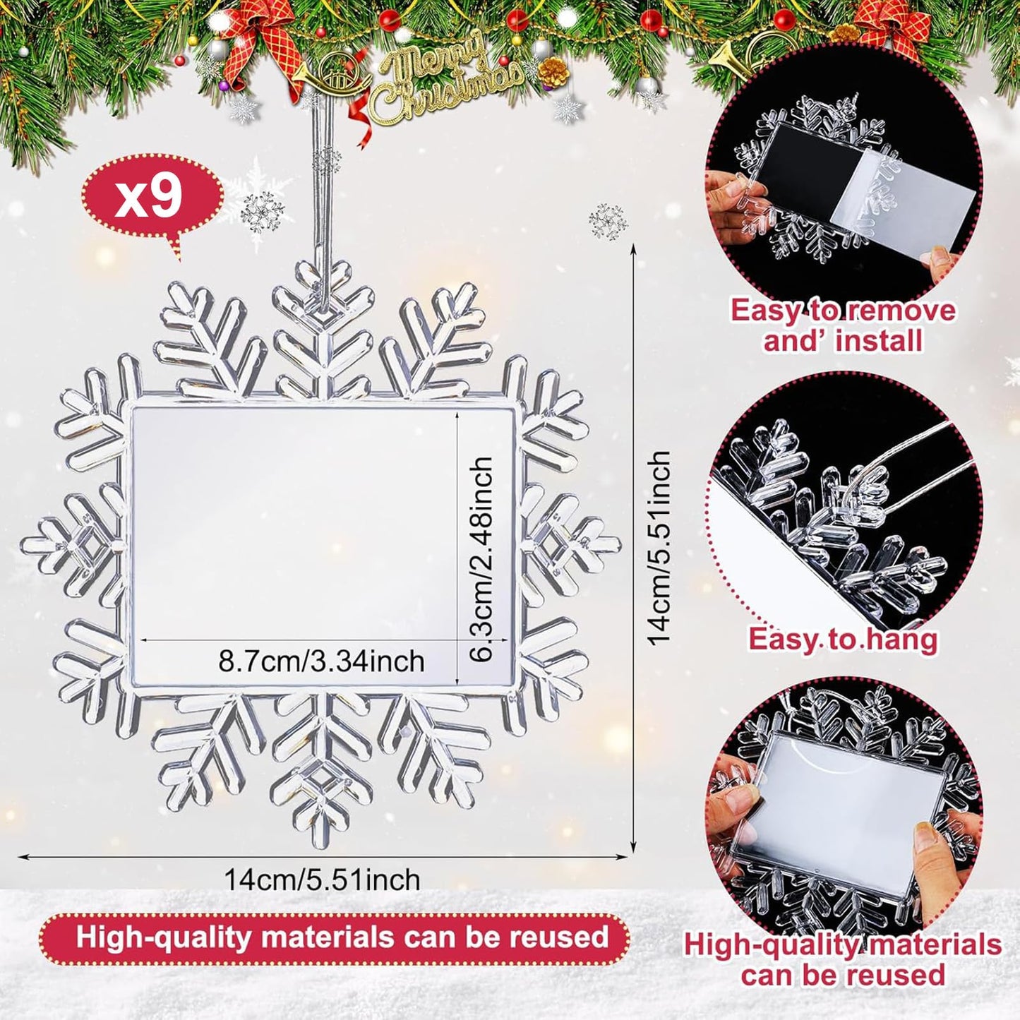 Yookeer 9 Pcs Christmas Snowflake Hanging Photo Frame Snowflake Ornaments Xmas Picture Ornaments Christmas Acrylic Photo Decorations Picture Frame for Xmas Tree (Classic)