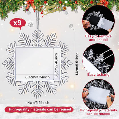 Yookeer 9 Pcs Christmas Snowflake Hanging Photo Frame Snowflake Ornaments Xmas Picture Ornaments Christmas Acrylic Photo Decorations Picture Frame for Xmas Tree (Classic)