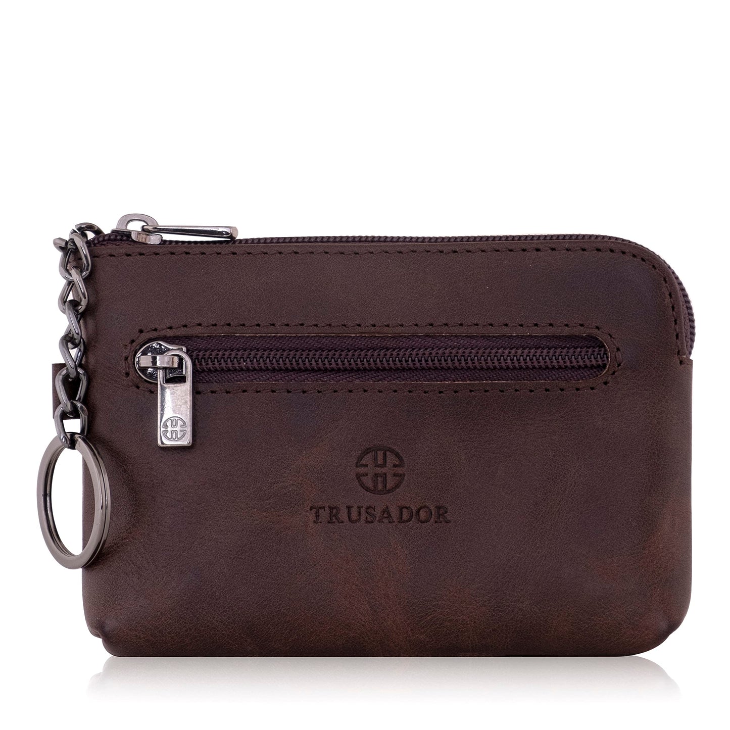 Trusador Milano Unisex Leather Front Pocket Wallet Coin Purse Zipper Pouch with Keychain (Brown)