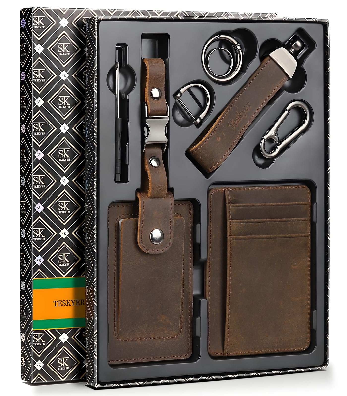 Teskyer Leather Gifts for Men, Premium Leather Gift Set with Slim Wallet, Travel Luggage Tag & Car Keychain, Elegant Gift Box for Father's Day, Birthday, Anniversary, Retirement & Graduation - Coffee