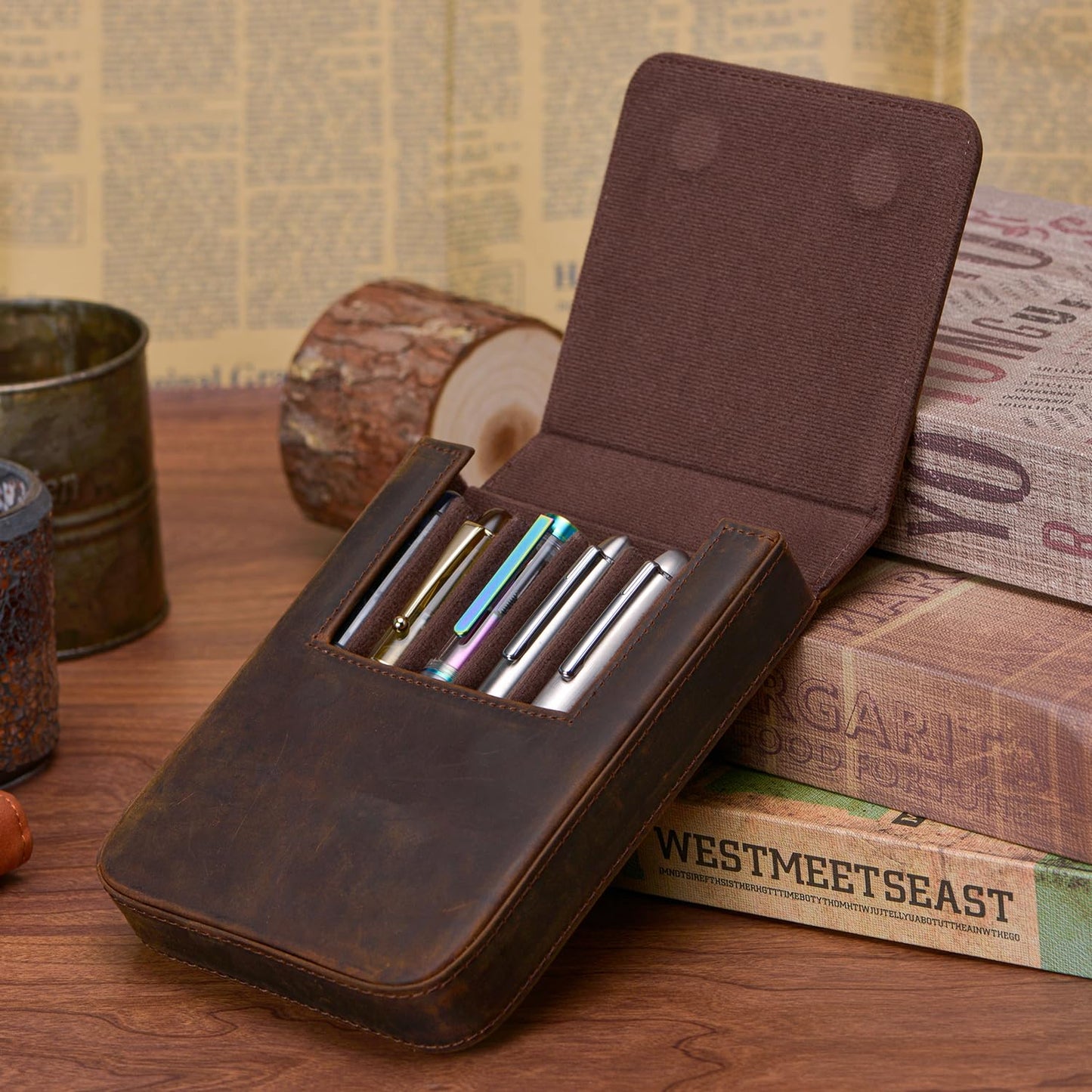 Lanxivi Genuine Leather Fountain Pen Case 6 Slot Crazy Leather Organizer, Portable Pen Bag Pouch Drawer Style