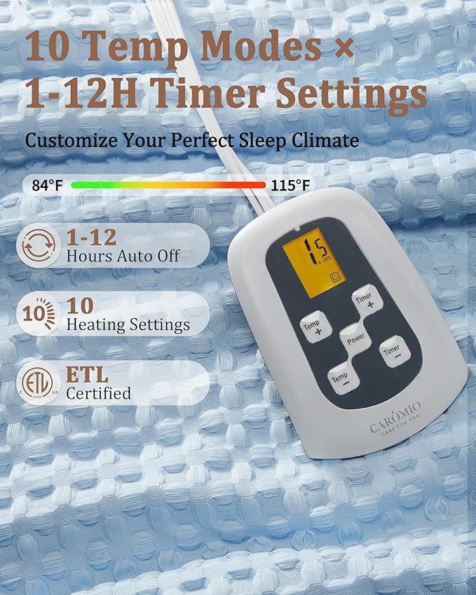 CAROMIO Heated Blanket Full Size, Waffle Weave Electric Blanket Throw with LCD Controller, Fast Heating, 10 Heat Levels & 1-12H Time Settings, ETL Certified, Machine Washable, Light Blue, 72" x 84"