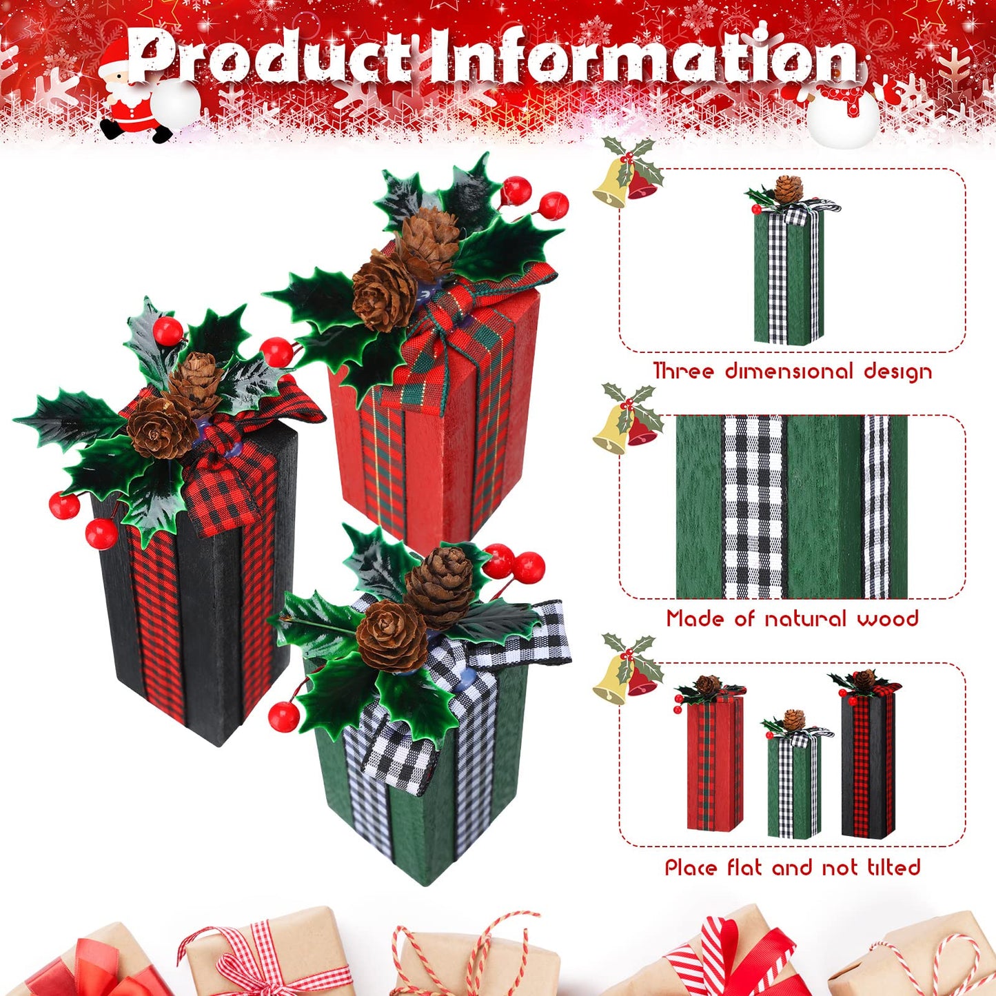 Amyhill 3 Pcs Christmas Wooden Gifts Box Decor Christmas Plaid Presents Table Centerpieces Rustic Wooden Gifts Tiered Tray Decor with Buffalo Plaid Bowknot for Xmas Party(Red, Green,Berry Style)