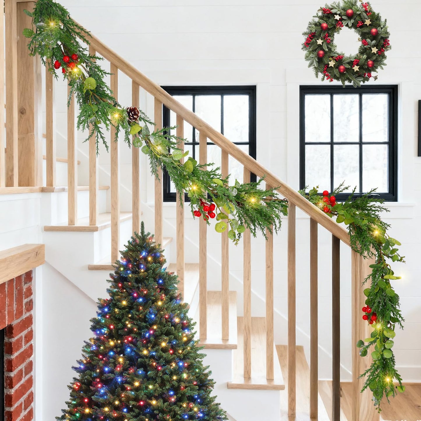 6FT Prelit Christmas Garland with Lights, Realistic Eucalyptus Garland with Artificial Cedar Cypress Leaves Red Berries Pine Cone Greenery Xmas Garland for Mantle Stair Railing Fireplace Decoration