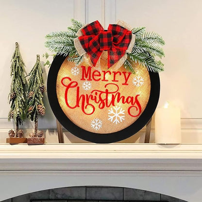 HOMCDALY Merry Christmas Welcome Sign for Front Door, Winter Merry Christmas Wreath with Light, Farmhouse Door Decoration Wooden Hanging Sign, Christmas Decoration (F-Xmas-Black)